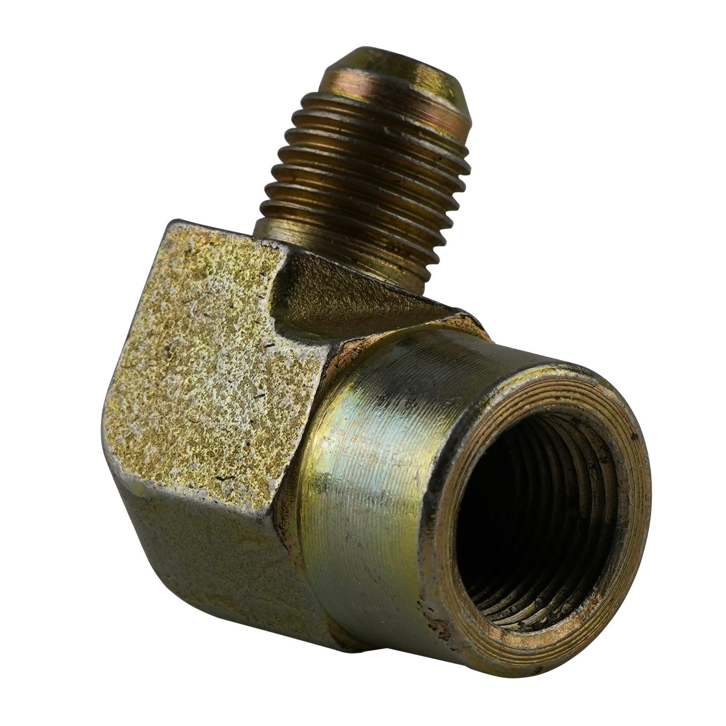 Angled view of a 90-degree hydraulic elbow with a 9/16 JIC connection on one side and a 1/2 NPT on the other. The metal fitting shows its threaded ends, designed for durable and leak-free connections in high-pressure hydraulic systems.