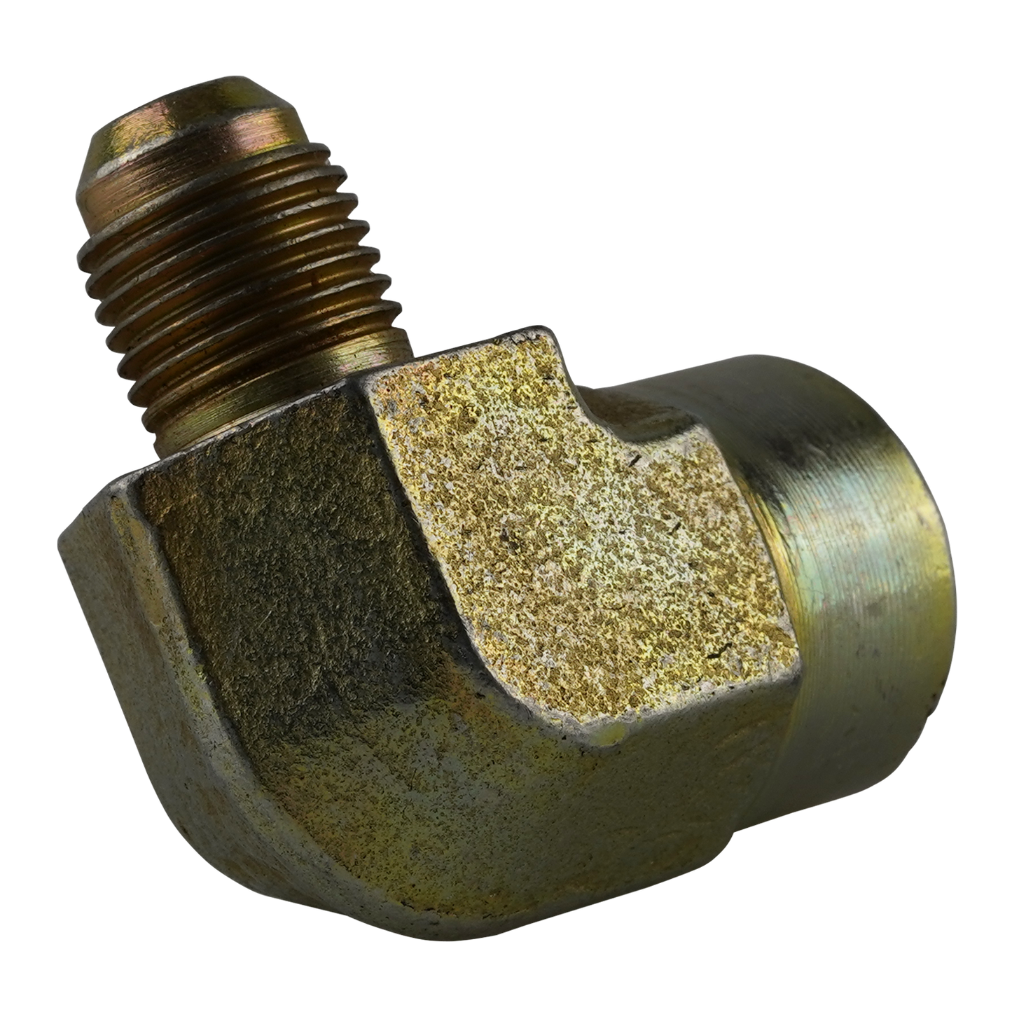 Back view of a 90-degree hydraulic elbow with a 9/16 JIC connection and 1/2 NPT thread. The fitting's rugged, metallic surface is designed for high-pressure hydraulic applications, ensuring durability and reliable performance