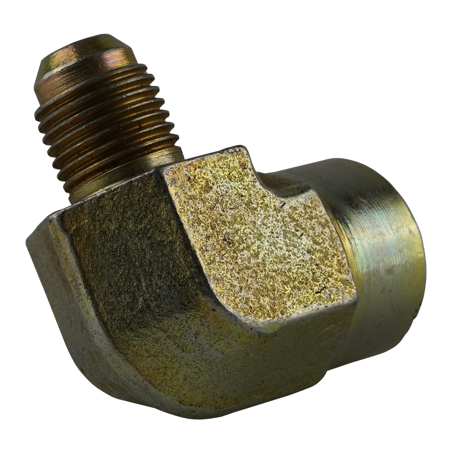 Back view of a 90-degree hydraulic elbow with a 9/16 JIC connection and 1/2 NPT thread. The fitting's rugged, metallic surface is designed for high-pressure hydraulic applications, ensuring durability and reliable performance