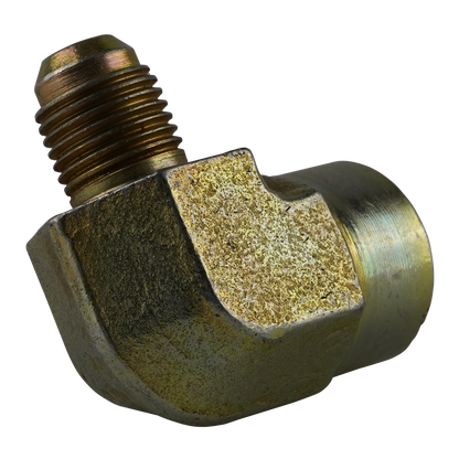 Back view of a 90-degree hydraulic elbow with a 9/16 JIC connection and 1/2 NPT thread. The fitting's rugged, metallic surface is designed for high-pressure hydraulic applications, ensuring durability and reliable performance