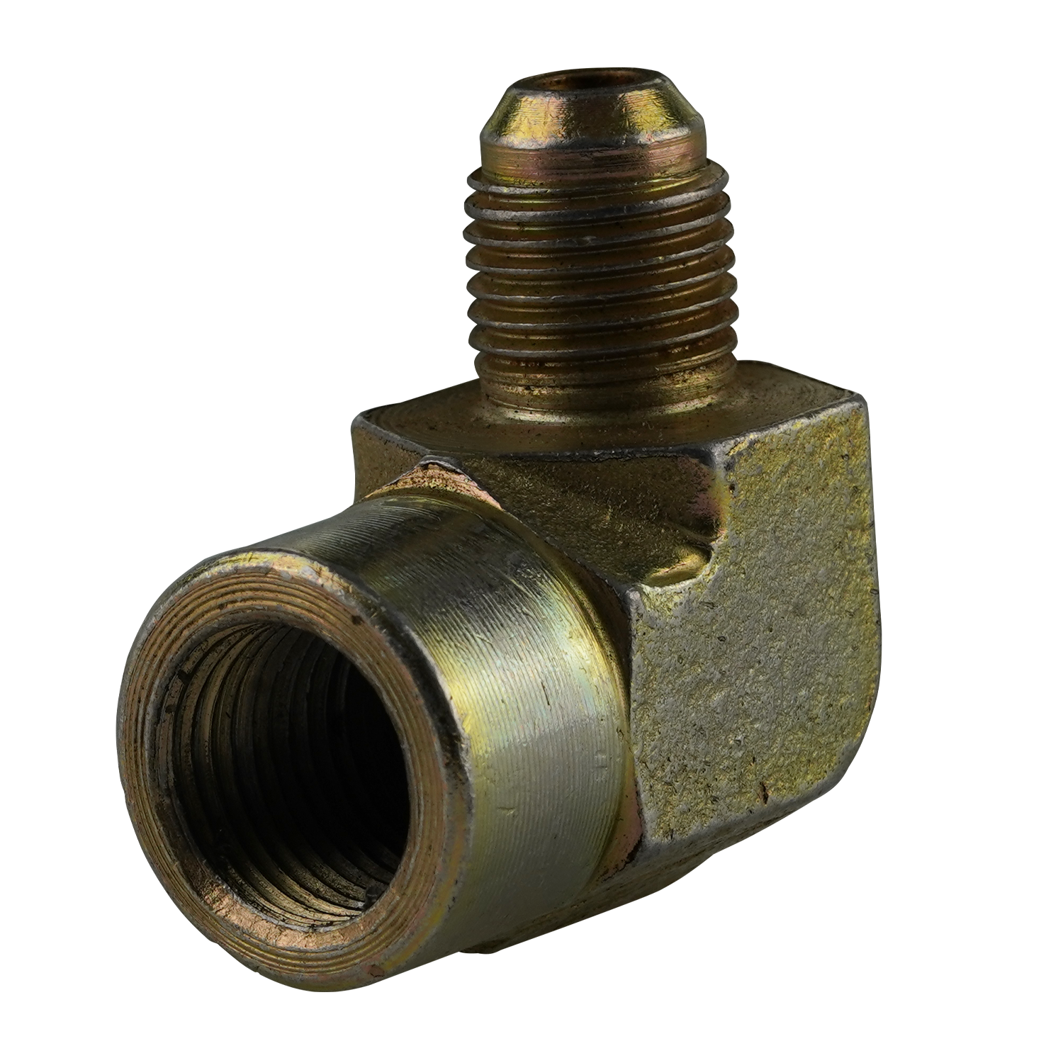 Close-up of a 90-degree hydraulic elbow fitting, showing the 9/16 JIC connection and 1/2 NPT threaded opening. The metallic elbow is built for high-pressure hydraulic systems, featuring a robust design for durable and leak-free performance.