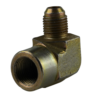 Close-up of a 90-degree hydraulic elbow fitting, showing the 9/16 JIC connection and 1/2 NPT threaded opening. The metallic elbow is built for high-pressure hydraulic systems, featuring a robust design for durable and leak-free performance.