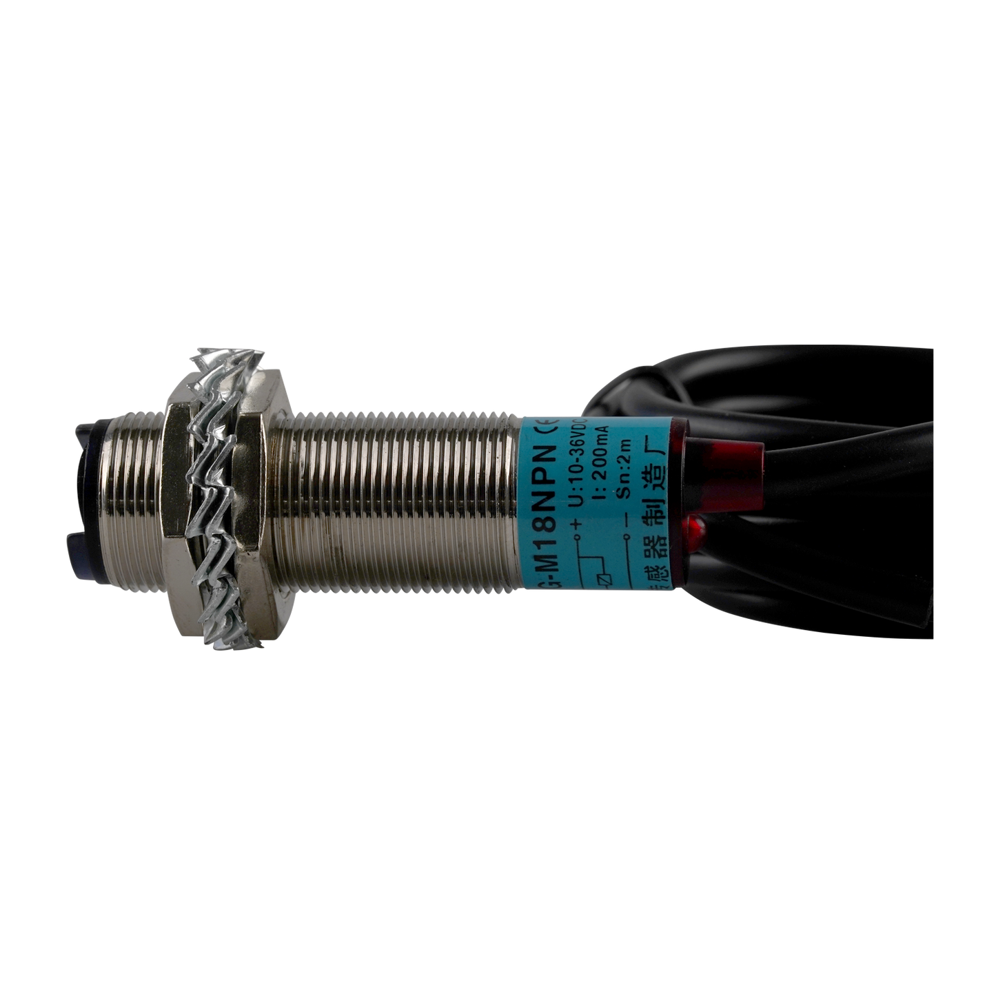 Close-up view of the EAE Photoelectric Switch - Infrared Laser EE-6501 showcasing its durable metal housing, NPN output, and high-performance design for scissor lift platform synchronization