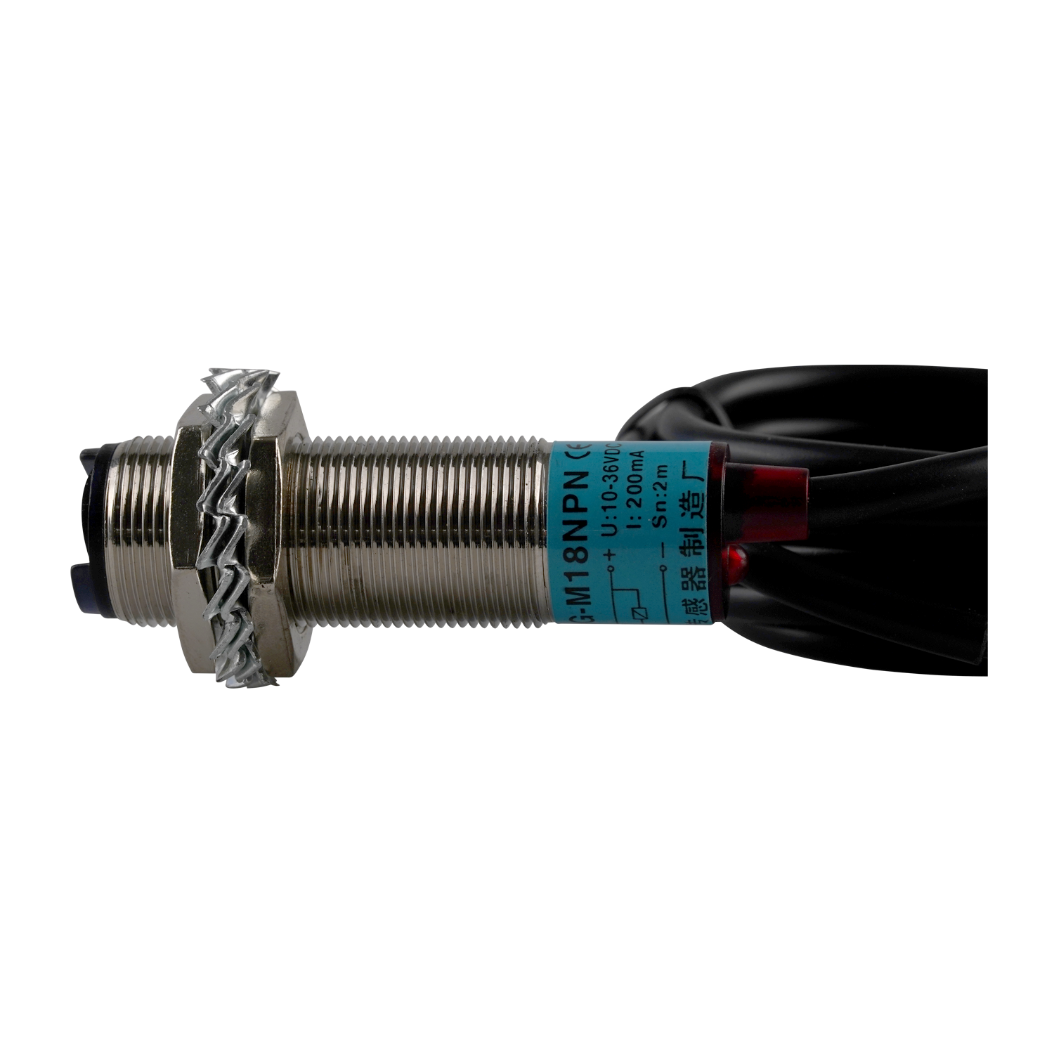 Close-up view of the EAE Photoelectric Switch - Infrared Laser EE-6501 showcasing its durable metal housing, NPN output, and high-performance design for scissor lift platform synchronization