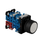 Close-up of a descent button for a scissor lift, featuring a black housing with blue and red internal components. The button is designed for controlling the lowering mechanism of the lift. - Descent Button For EE-MR35