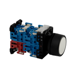 Close-up of a descent button for a scissor lift, featuring a black housing with blue and red internal components. The button is designed for controlling the lowering mechanism of the lift. - Descent Button For EE-MR35