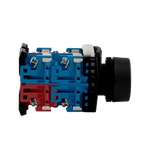 Close-up side view of a descent button for a scissor lift, featuring a black housing with blue and red internal components. The button is designed for controlling the lowering mechanism of the lift. - Descent Button For EE-MR35