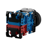 Close-up back view of a descent button for a scissor lift, featuring a black housing with blue and red internal components. The button is designed for controlling the lowering mechanism of the lift. - Descent Button For EE-MR35