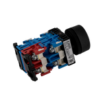 Close-up of a descent button for a scissor lift, featuring a black housing with blue and red internal components. The button is designed for controlling the lowering mechanism of the lift. - Descent Button For EE-MR35
