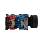 Close-up bottom view of a descent button for a scissor lift, featuring a black housing with blue and red internal components. The button is designed for controlling the lowering mechanism of the lift. - Descent Button For EE-MR35