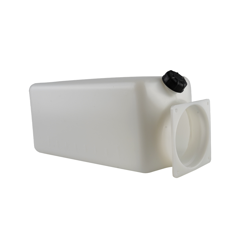 A white hydraulic oil tank lying on its side with a black cap on one end and a circular white flange on the other end. - EAE Hydraulic Oil Tank 11L