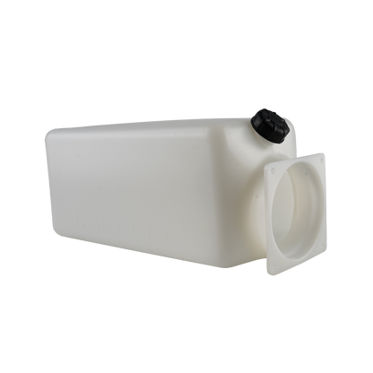 A white hydraulic oil tank lying on its side with a black cap on one end and a circular white flange on the other end. - EAE Hydraulic Oil Tank 11L