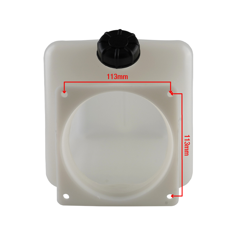 Front view of a white hydraulic power unit oil tank with a black cap, featuring a circular flange with bolt holes, and red measurement annotations indicating the distance between bolt holes as 113mm. - EAE Hydraulic Oil Tank 11L