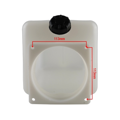 Front view of a white hydraulic power unit oil tank with a black cap, featuring a circular flange with bolt holes, and red measurement annotations indicating the distance between bolt holes as 113mm. - EAE Hydraulic Oil Tank 11L