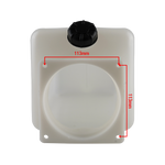 Front view of a white hydraulic power unit oil tank with a black cap, featuring a circular flange with bolt holes, and red measurement annotations indicating the distance between bolt holes as 113mm. - EAE Hydraulic Oil Tank 11L