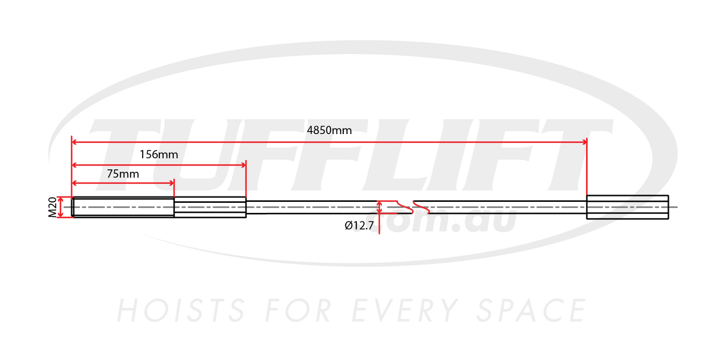 
This technical drawing displays a hoist cable with a total length of 4850mm and a diameter of 12.7mm. The drawing specifies M20 threading on one end, and various segment lengths are detailed, including 156mm and 75mm sections. The illustration provides key dimensions and specifications for this hoist cable