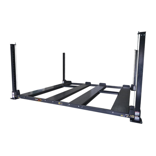 four-post car hoist with drive-on ramps and twin platforms, designed for efficient vehicle parking solutions.