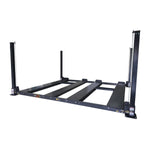 four-post car hoist with drive-on ramps and twin platforms, designed for efficient vehicle parking solutions.