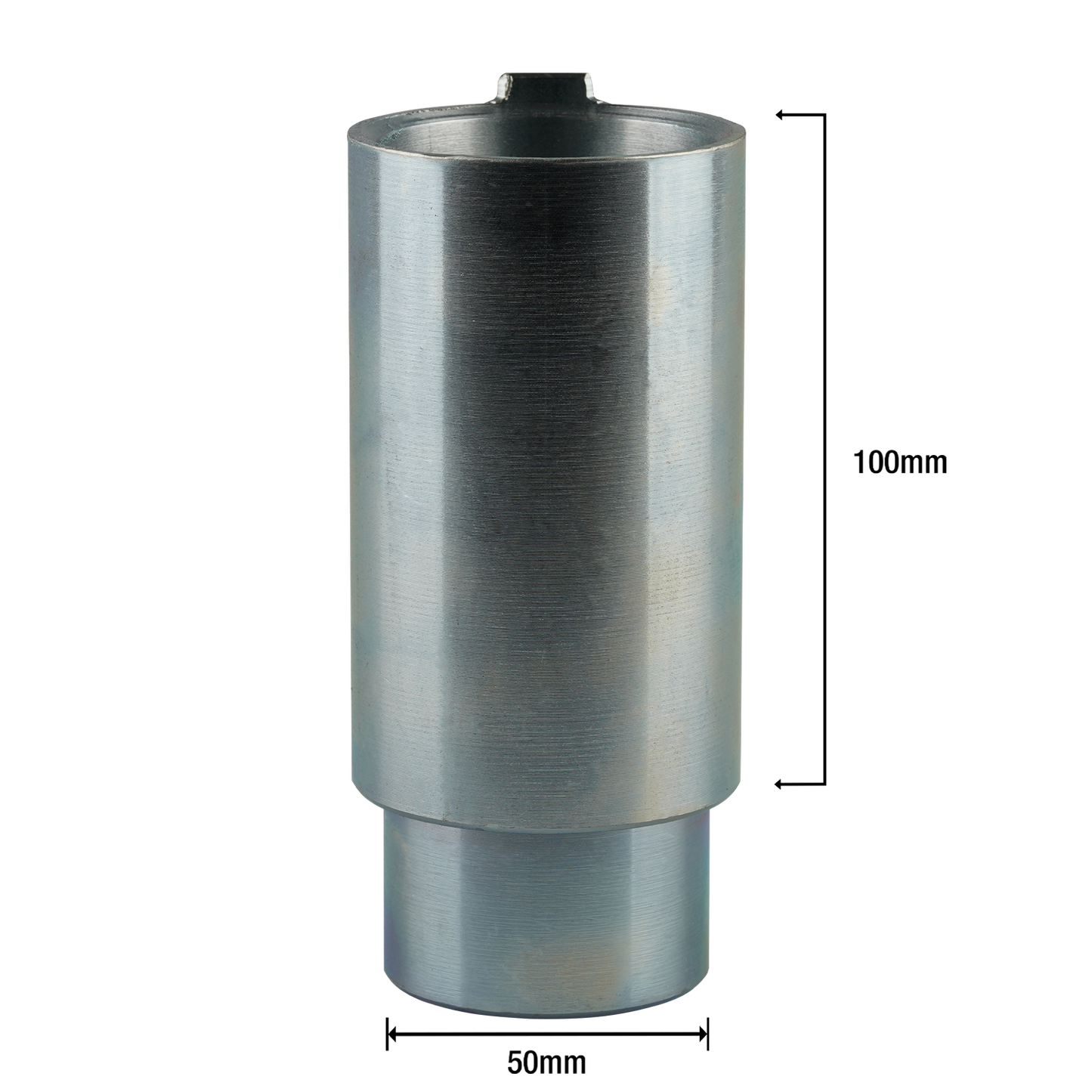 This image shows a cylindrical metal adapter with annotated dimensions. The adapter has a height of 100mm and a hole diameter of 50mm. 