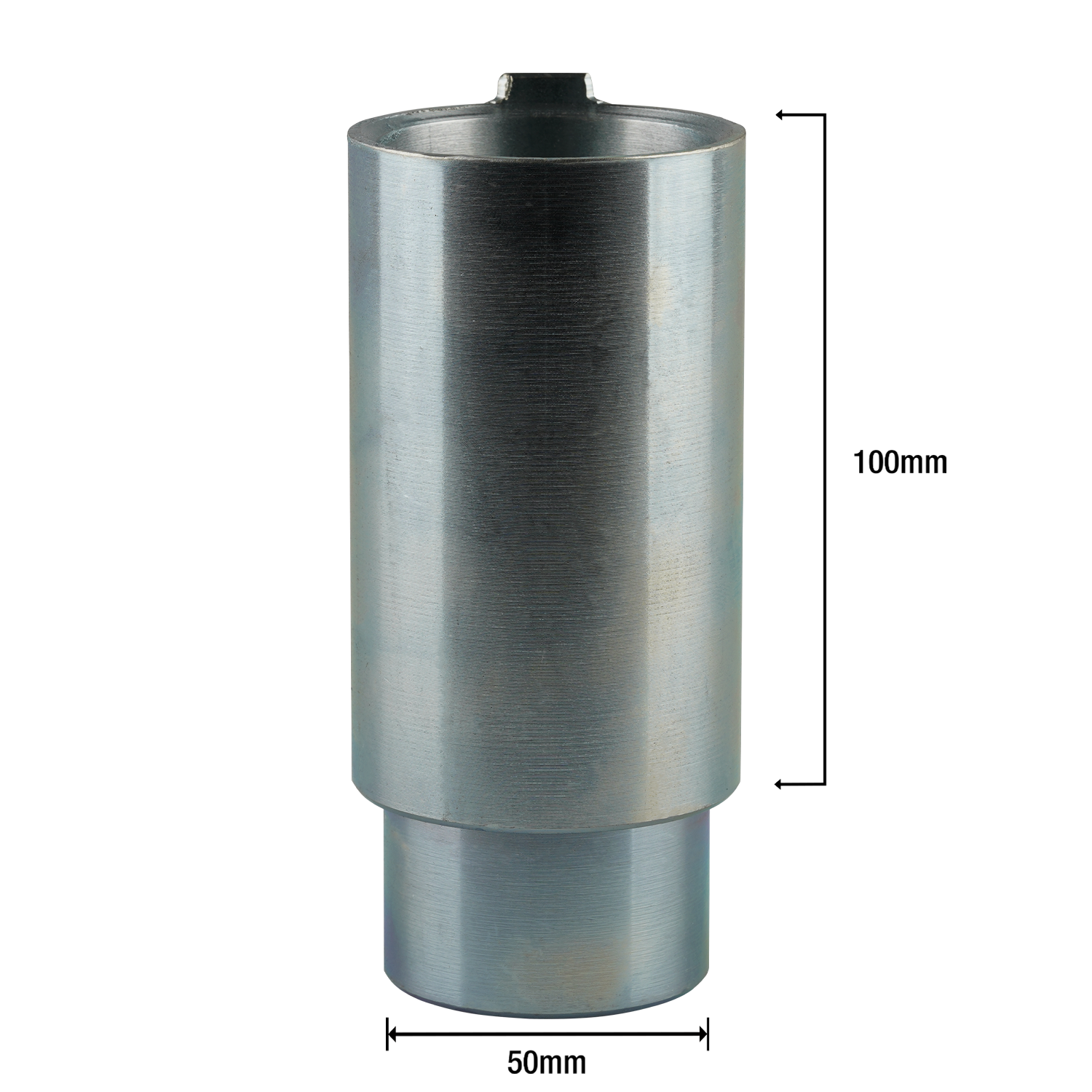 This image shows a cylindrical metal adapter with annotated dimensions. The adapter has a height of 100mm and a hole diameter of 50mm. 