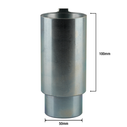 This image shows a cylindrical metal adapter with annotated dimensions. The adapter has a height of 100mm and a hole diameter of 50mm. 