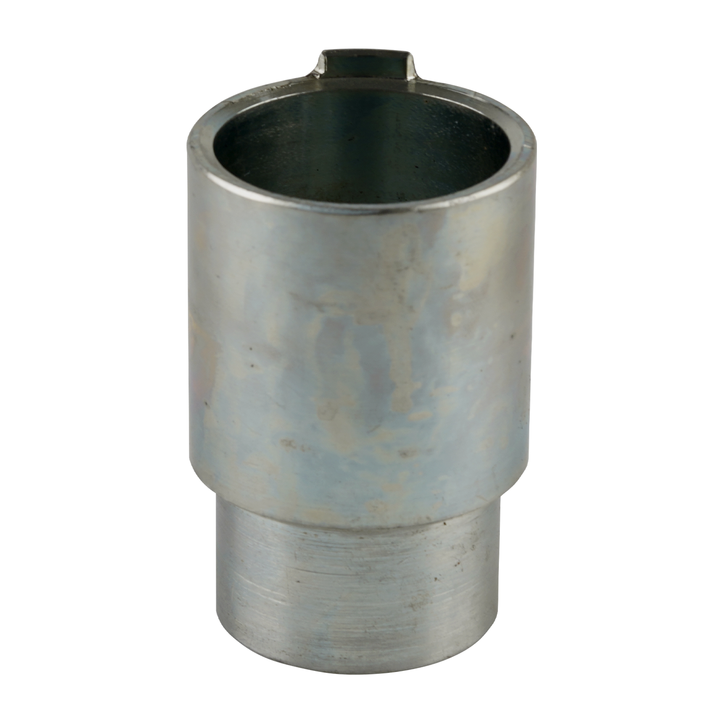 This image shows a metal adapter sleeve designed for use with car hoist pads. It has a cylindrical shape with a hollow center to accommodate a hoist arm post. The surface appears metallic, and a notch is visible at the top, likely for secure fitting. This adapter is suitable for aligning hoist pads with larger arm holes for stable vehicle lifting.