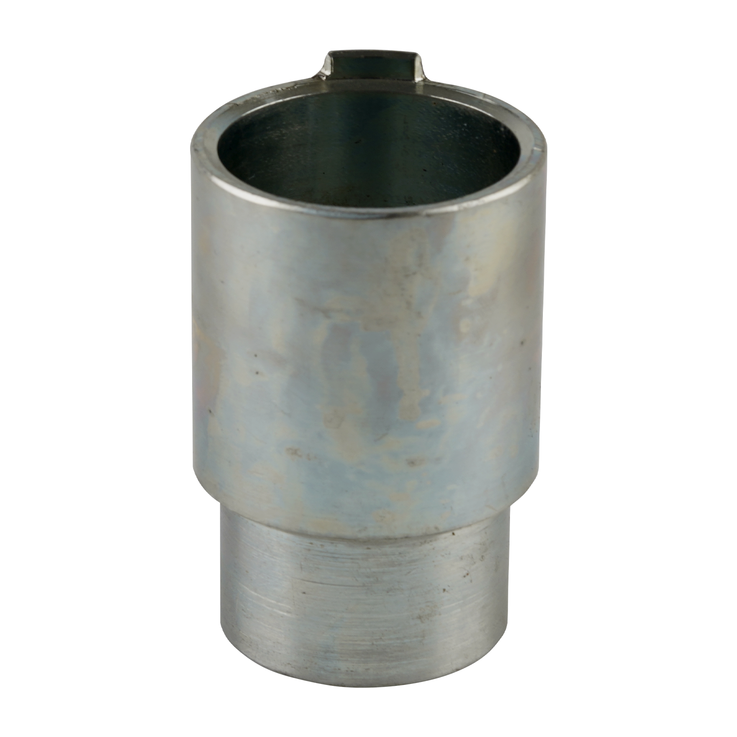 This image shows a metal adapter sleeve designed for use with car hoist pads. It has a cylindrical shape with a hollow center to accommodate a hoist arm post. The surface appears metallic, and a notch is visible at the top, likely for secure fitting. This adapter is suitable for aligning hoist pads with larger arm holes for stable vehicle lifting.