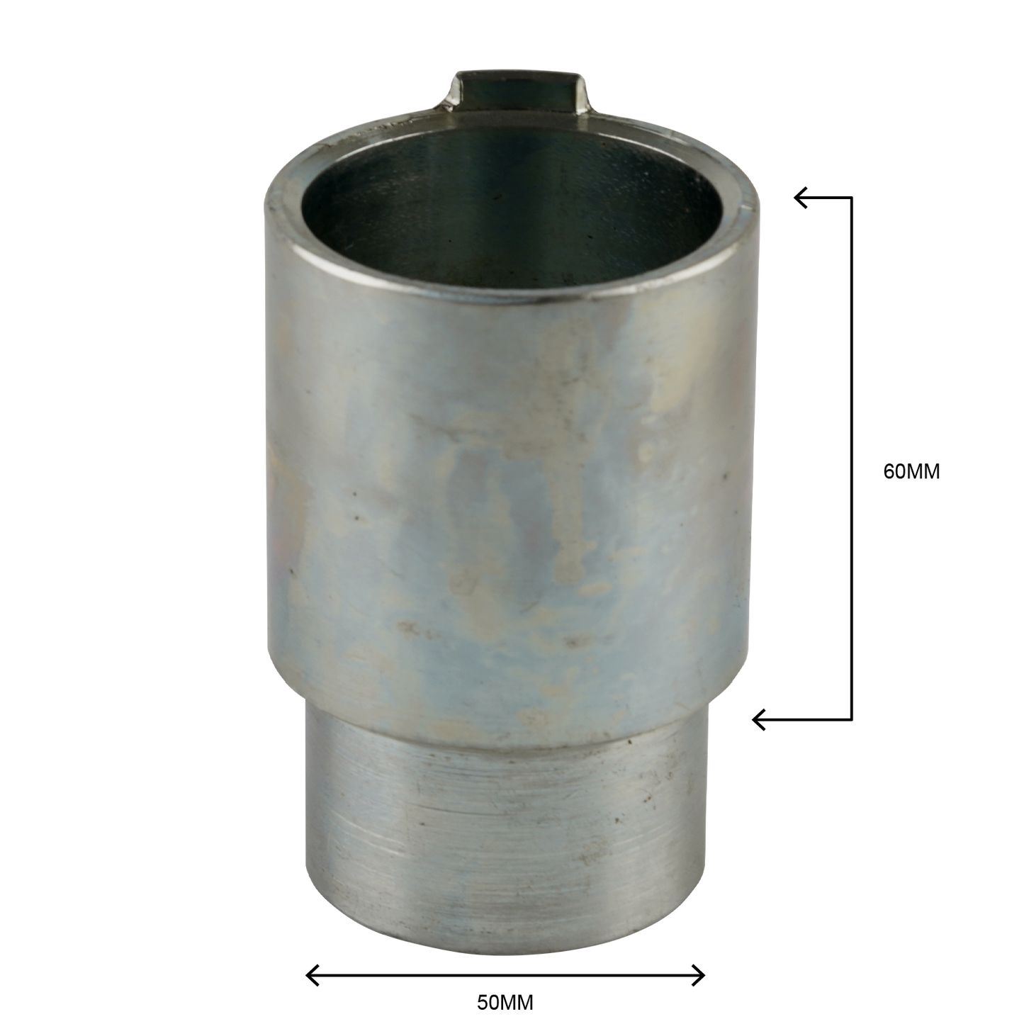 A metal adapter sleeve with dimensions marked on it. The sleeve has a hollow cylindrical design with a notch at the top, likely used for secure fitting with compatible car hoist systems. 