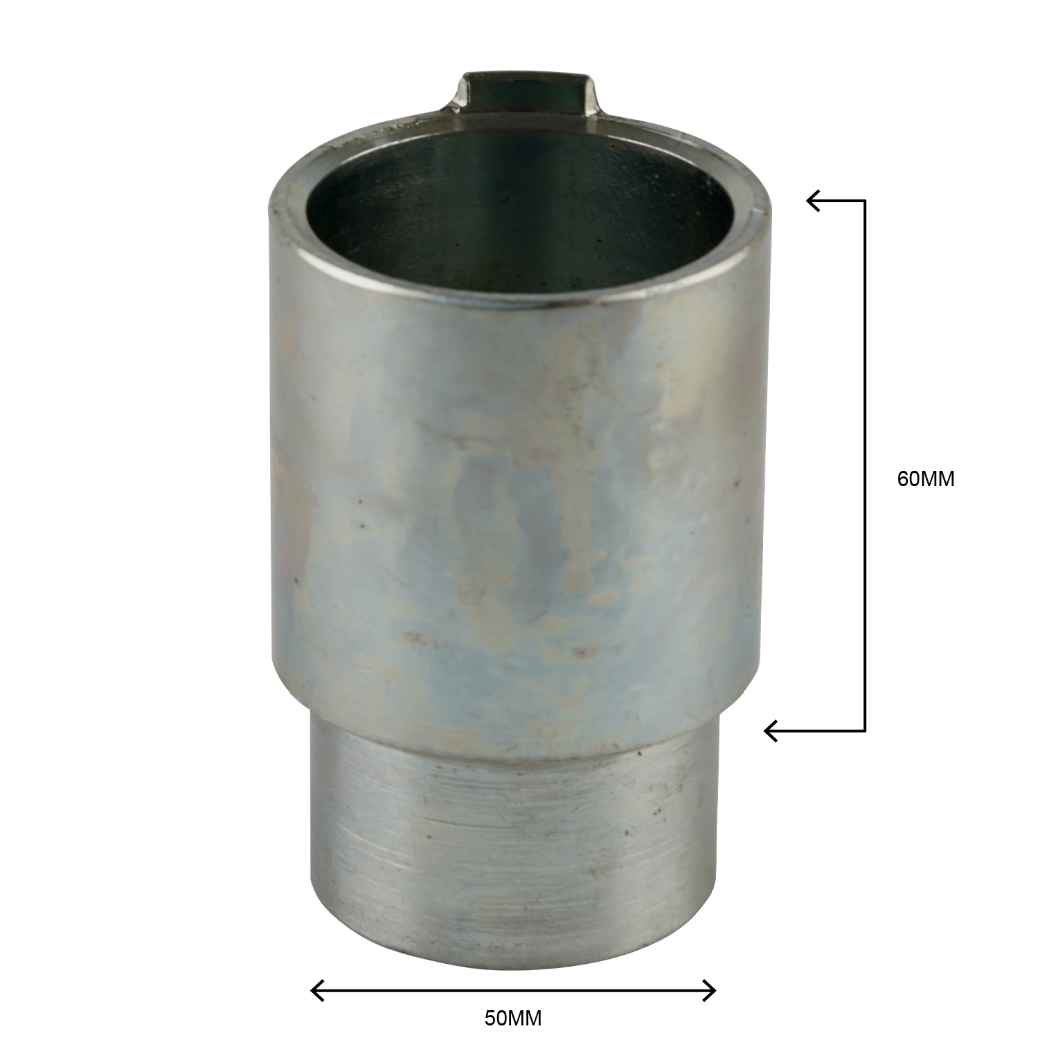 A metal adapter sleeve with dimensions marked on it. The sleeve has a hollow cylindrical design with a notch at the top, likely used for secure fitting with compatible car hoist systems. 