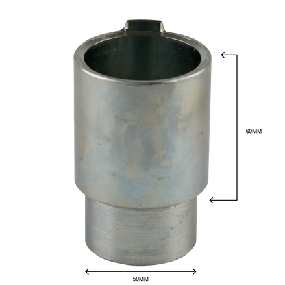 A metal adapter sleeve with dimensions marked on it. The sleeve has a hollow cylindrical design with a notch at the top, likely used for secure fitting with compatible car hoist systems. 