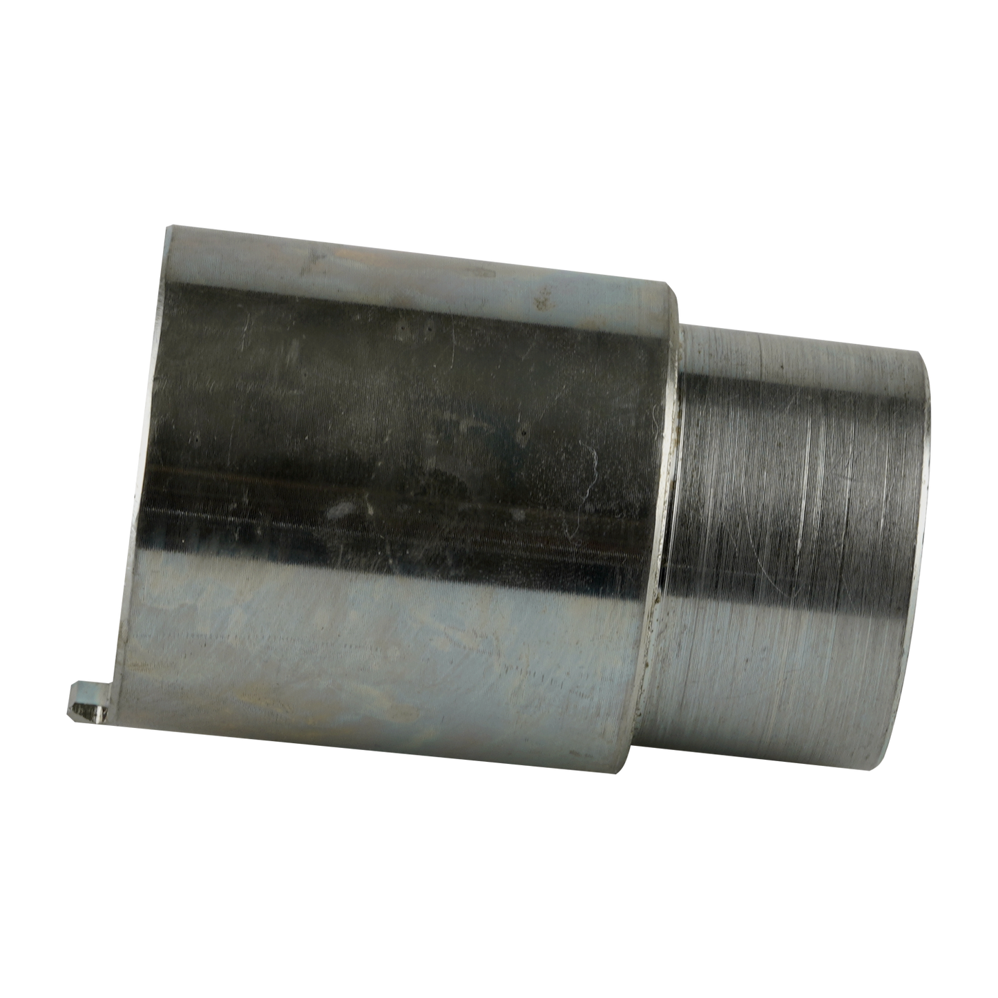 
This image shows a cylindrical metal adapter sleeve with a smooth, reflective surface. The sleeve appears to have a notch or groove near one end, possibly for fitting or securing into a hoist or lifting system. The adapter is likely used in conjunction with other components to provide a stable connection, and its clean design indicates precision manufacturing for hoist systems.