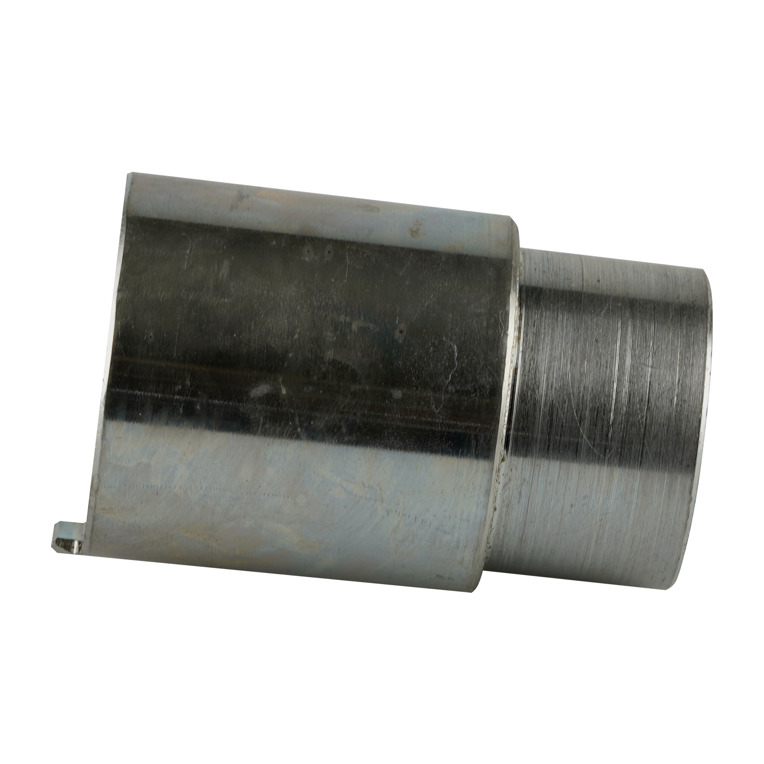 
This image shows a cylindrical metal adapter sleeve with a smooth, reflective surface. The sleeve appears to have a notch or groove near one end, possibly for fitting or securing into a hoist or lifting system. The adapter is likely used in conjunction with other components to provide a stable connection, and its clean design indicates precision manufacturing for hoist systems.