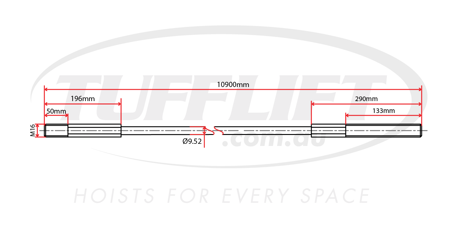 The image displays a technical drawing of a hoist cable measuring 10,900mm in length, with an M16 thread and a diameter of 9.52mm. The diagram provides specific segment measurements, including a 50mm threaded portion, a 196mm section after the thread, and 290mm and 133mm segments towards the opposite end. The drawing is intended to illustrate detailed cable dimensions and specifications for installation in hoisting equipment.