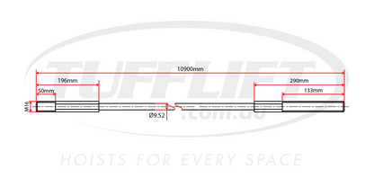 The image displays a technical drawing of a hoist cable measuring 10,900mm in length, with an M16 thread and a diameter of 9.52mm. The diagram provides specific segment measurements, including a 50mm threaded portion, a 196mm section after the thread, and 290mm and 133mm segments towards the opposite end. The drawing is intended to illustrate detailed cable dimensions and specifications for installation in hoisting equipment.