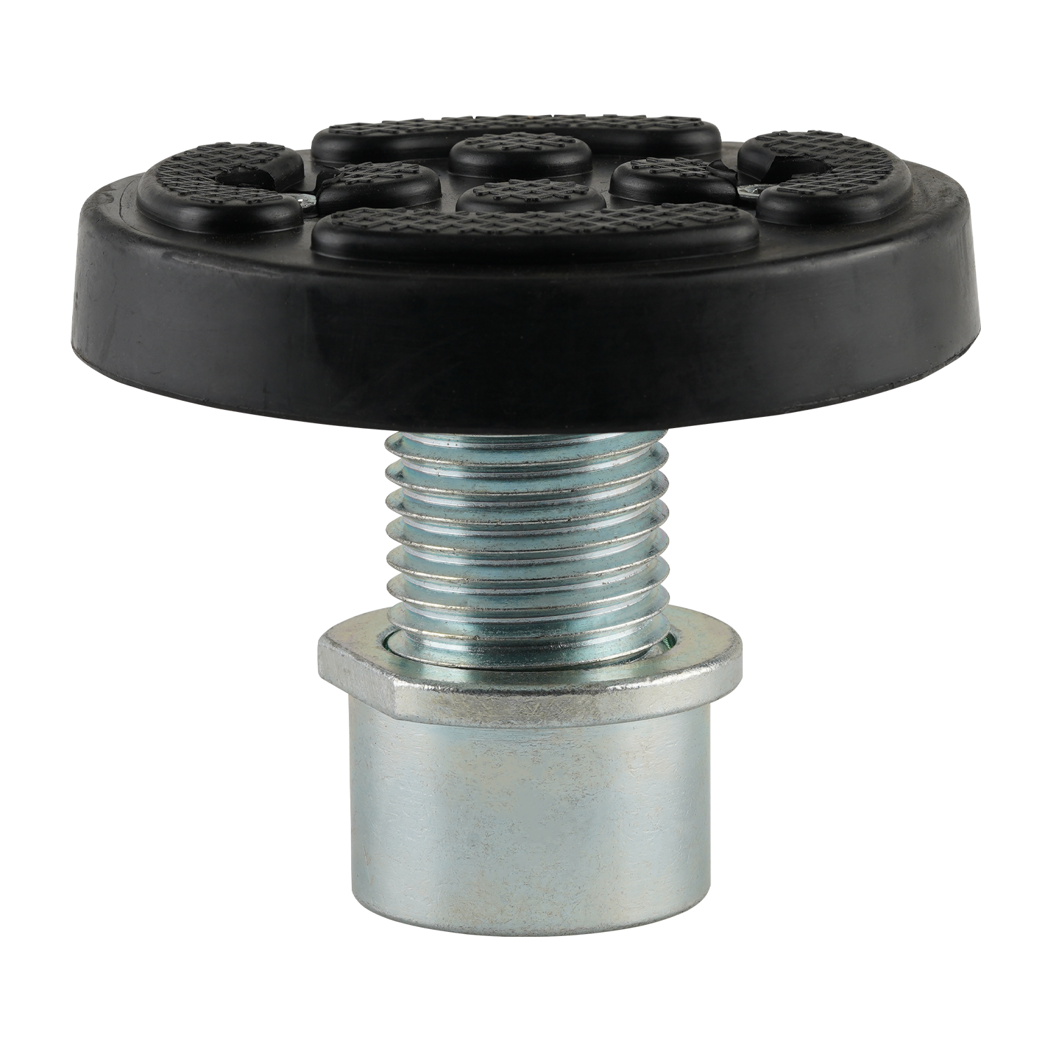 This image shows a drop-in screw pad designed for EAE 2 post car hoists. The pad features a sturdy, round rubber top for vehicle support and a threaded metal base for secure attachment. This model is compatible with a 50mm arm hole, providing stability during vehicle lifts, and is suited for various hoist models.