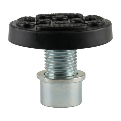 This image shows a drop-in screw pad designed for EAE 2 post car hoists. The pad features a sturdy, round rubber top for vehicle support and a threaded metal base for secure attachment. This model is compatible with a 50mm arm hole, providing stability during vehicle lifts, and is suited for various hoist models.