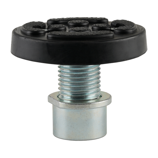 This image shows a drop-in screw pad designed for EAE 2 post car hoists. The pad features a sturdy, round rubber top for vehicle support and a threaded metal base for secure attachment. This model is compatible with a 50mm arm hole, providing stability during vehicle lifts, and is suited for various hoist models.