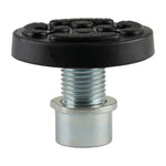A drop-in screw pad designed for EAE 2 post car hoists. The pad features a sturdy, round rubber top for vehicle support and a threaded metal base for secure attachment. This model is compatible with a 50mm arm hole, providing stability during vehicle lifts, and is suited for various hoist models.