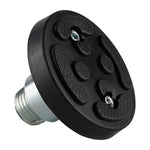 This image displays a close-up of a drop-in screw pad with a black, textured rubber surface for enhanced grip during vehicle lifts. The pad has a sturdy threaded metal base and is secured with bolts. It is designed for EAE 2 post car hoists with a 50mm arm hole, ensuring firm and stable support during operation.