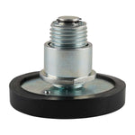 This image shows a close-up view of the underside of a drop-in screw pad, highlighting the metal threaded section and the rubber base. The design features a metal core with a bolt fastening system, ensuring secure attachment. This component is typically used with EAE 2 post car hoists, providing strong and stable support for vehicle lifting.