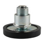 This image shows a close-up view of the underside of a drop-in screw pad, highlighting the metal threaded section and the rubber base. The design features a metal core with a bolt fastening system, ensuring secure attachment. This component is typically used with EAE 2 post car hoists, providing strong and stable support for vehicle lifting.