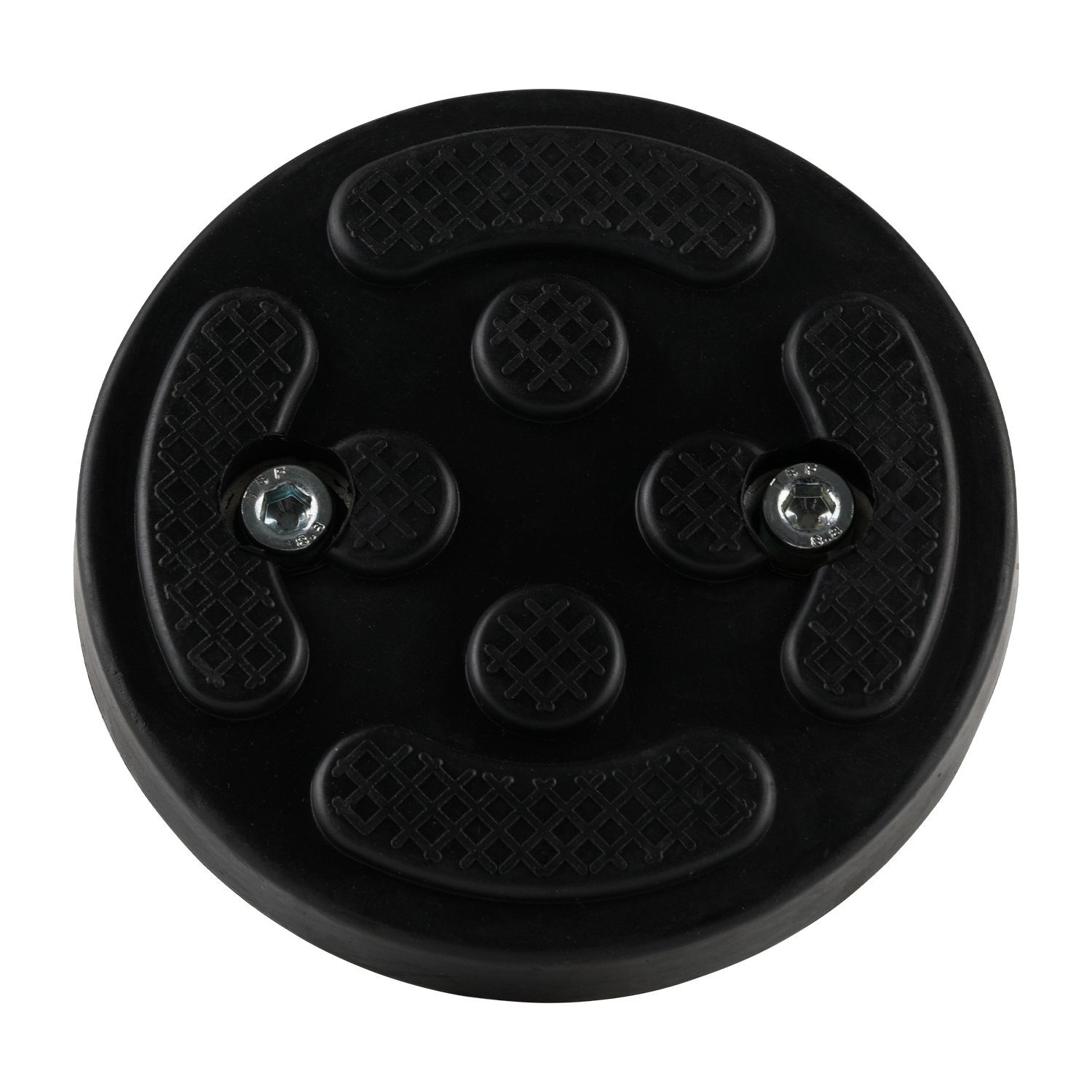 This image displays the top view of a black rubber car hoist screw pad. The pad features two embedded screws and textured areas for enhanced grip. It is typically used in EAE 2 post car hoists, ensuring secure vehicle lifting with added friction for stability. The design includes raised patterns to help distribute weight evenly across the surface.