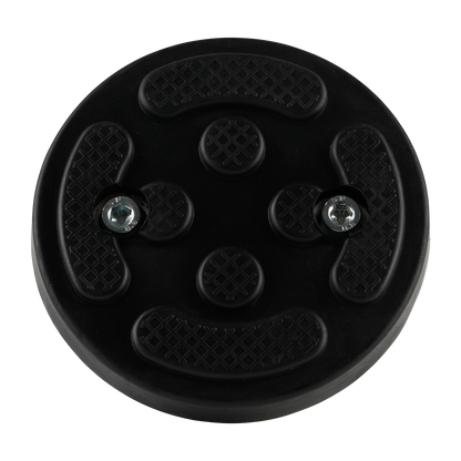 This image displays the top view of a black rubber car hoist screw pad. The pad features two embedded screws and textured areas for enhanced grip. It is typically used in EAE 2 post car hoists, ensuring secure vehicle lifting with added friction for stability. The design includes raised patterns to help distribute weight evenly across the surface.