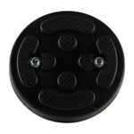 This image displays the top view of a black rubber car hoist screw pad. The pad features two embedded screws and textured areas for enhanced grip. It is typically used in EAE 2 post car hoists, ensuring secure vehicle lifting with added friction for stability. The design includes raised patterns to help distribute weight evenly across the surface.