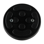 This image displays the top view of a black rubber car hoist screw pad. The pad features two embedded screws and textured areas for enhanced grip. It is typically used in EAE 2 post car hoists, ensuring secure vehicle lifting with added friction for stability. The design includes raised patterns to help distribute weight evenly across the surface.