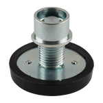This image shows the bottom side of a car hoist screw pad, featuring a metal threaded post attached to a rubber base. The post is designed to fit securely into the hoist's arm, while the rubber pad provides stability and grip for vehicle lifting. The visible screws on the base suggest the pad is securely fastened to ensure durability during use. Suitable for use with EAE 2 post car hoists.