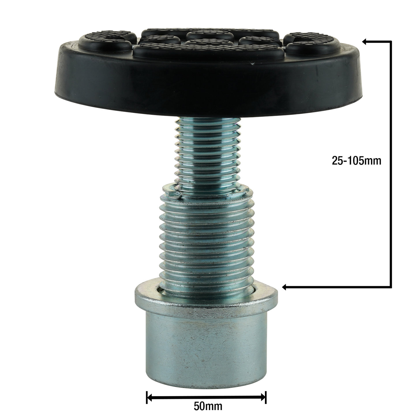 This image displays a car hoist screw pad with measurement indicators, showing that the base diameter is 50mm and the height is adjustable from 25mm to 105mm. The rubber pad on top provides a sturdy surface for lifting vehicles, and the threaded metal post ensures secure attachment to the hoist arm, ideal for precise height adjustments. Suitable for EAE 2 post car hoists with a 50mm arm hole.