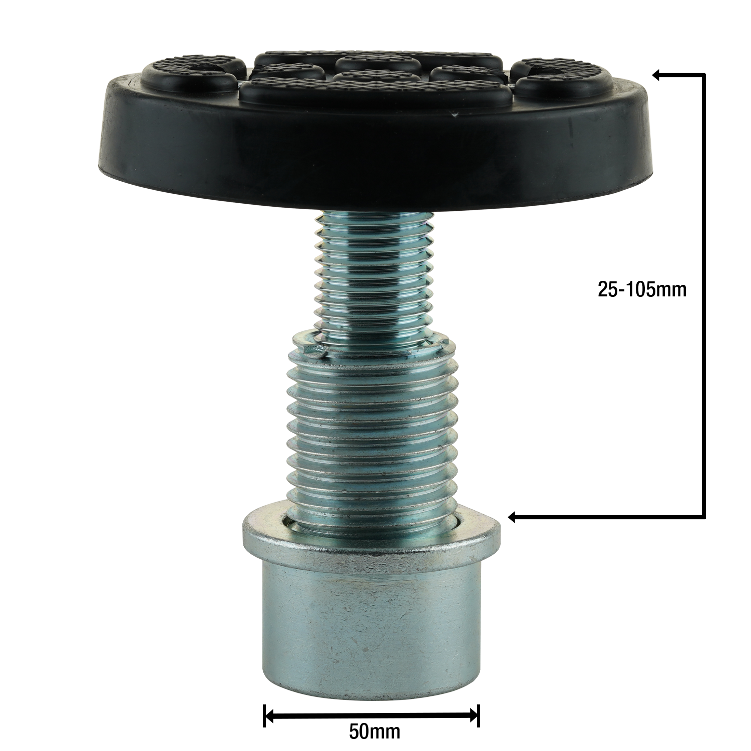 This image displays a car hoist screw pad with measurement indicators, showing that the base diameter is 50mm and the height is adjustable from 25mm to 105mm. The rubber pad on top provides a sturdy surface for lifting vehicles, and the threaded metal post ensures secure attachment to the hoist arm, ideal for precise height adjustments. Suitable for EAE 2 post car hoists with a 50mm arm hole.