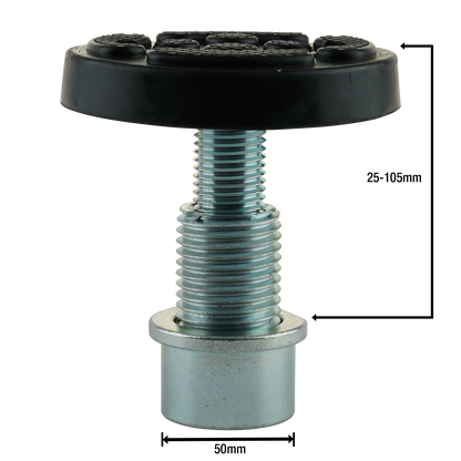 This image displays a car hoist screw pad with measurement indicators, showing that the base diameter is 50mm and the height is adjustable from 25mm to 105mm. The rubber pad on top provides a sturdy surface for lifting vehicles, and the threaded metal post ensures secure attachment to the hoist arm, ideal for precise height adjustments. Suitable for EAE 2 post car hoists with a 50mm arm hole.