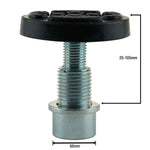 A car hoist screw pad with measurement indicators, showing that the base diameter is 50mm and the height is adjustable from 25mm to 105mm. The rubber pad on top provides a sturdy surface for lifting vehicles, and the threaded metal post ensures secure attachment to the hoist arm, ideal for precise height adjustments. Suitable for EAE 2 post car hoists with a 50mm arm hole.